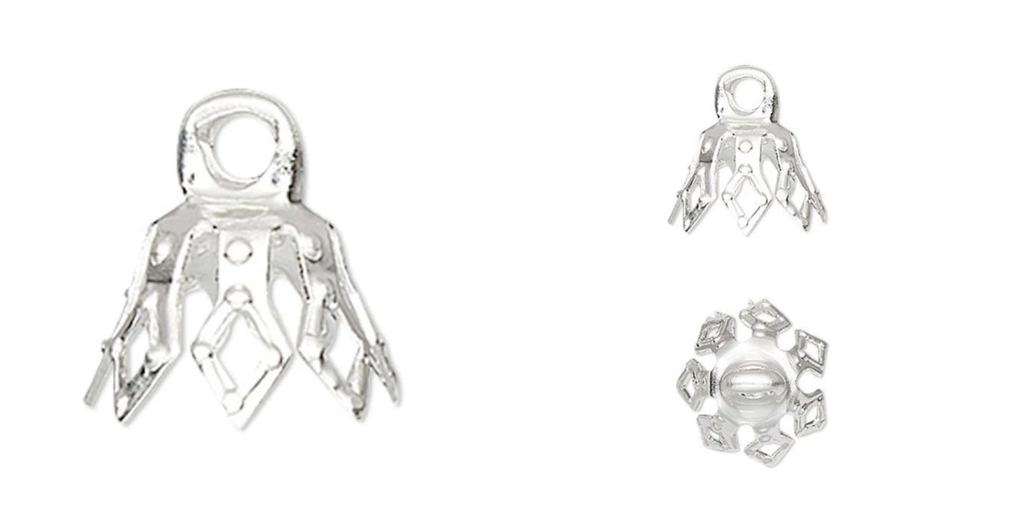 Silver Plated Brass Filigree Bell Bead Caps, 8x5.5mm, 100 pcs