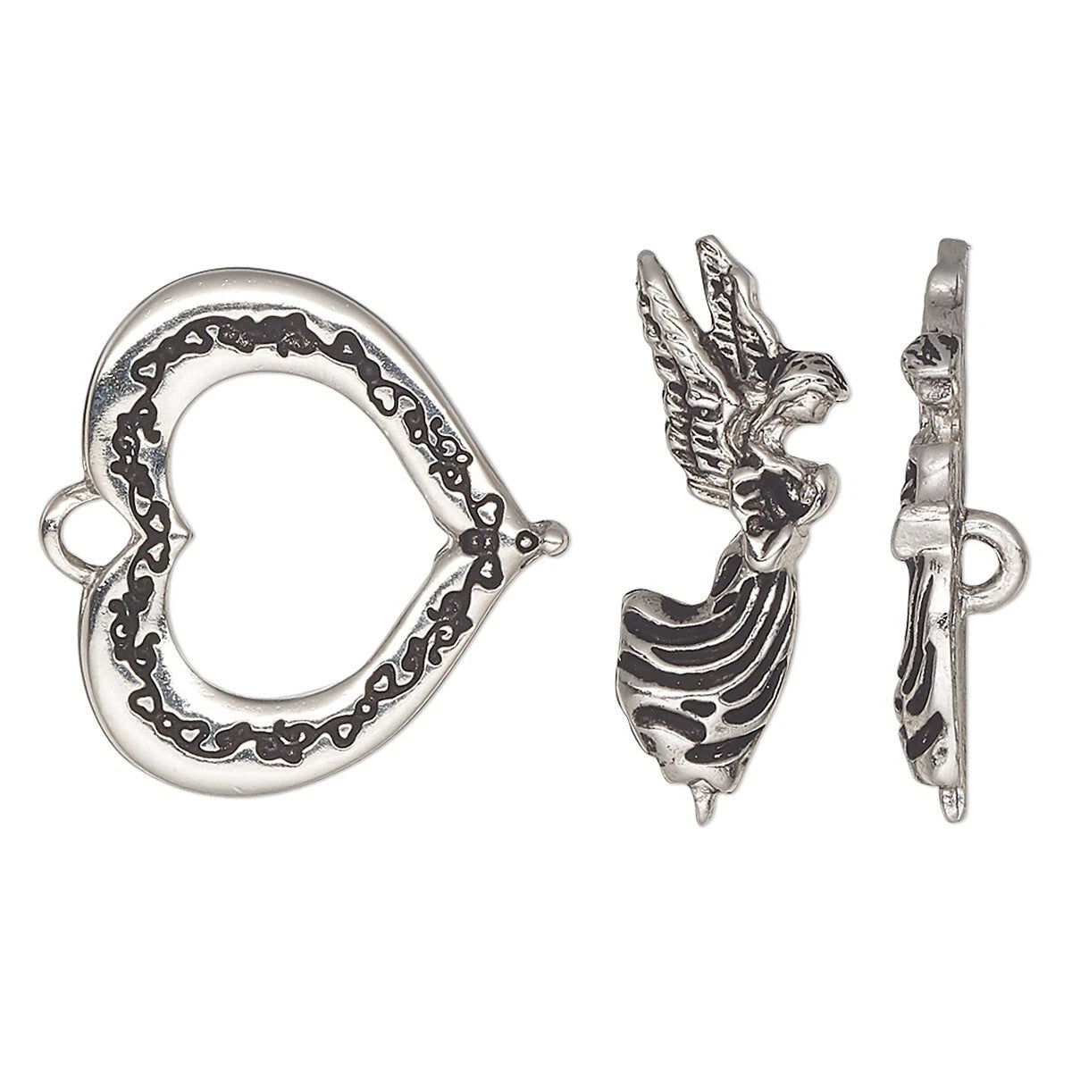 Silver-toned jewelry findings set featuring a heart-shaped clasp with an engraved chain pattern, a winged angel charm, and a side profile of the clasp on a white background.