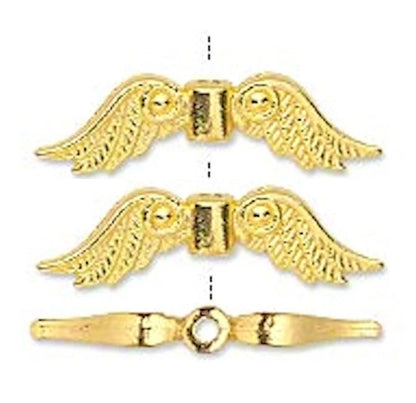 Gold-Plated Pewter Double-Sided Angel Wing Beads, 23x6mm, 20 pcs