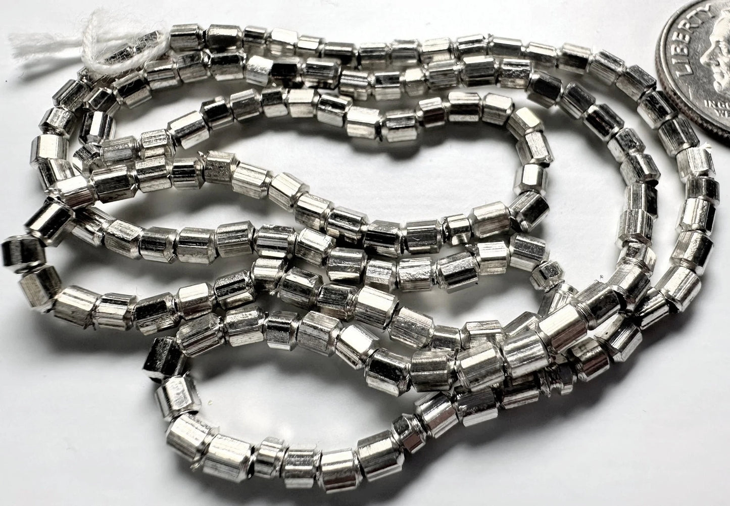 Silver Plated Brass 4x3mm Hexagon Tube Beads, 16-inch Strand (approx. 140)