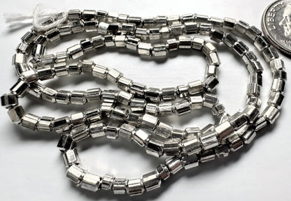 Silver Plated Brass 4x3mm Hexagon Tube Beads, 16-inch Strand (approx. 140)