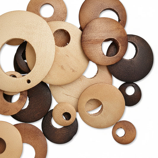 Maple Wood Go-Go Disc Beads, Assorted Colors & Sizes 15–55mm — 50 pcs
