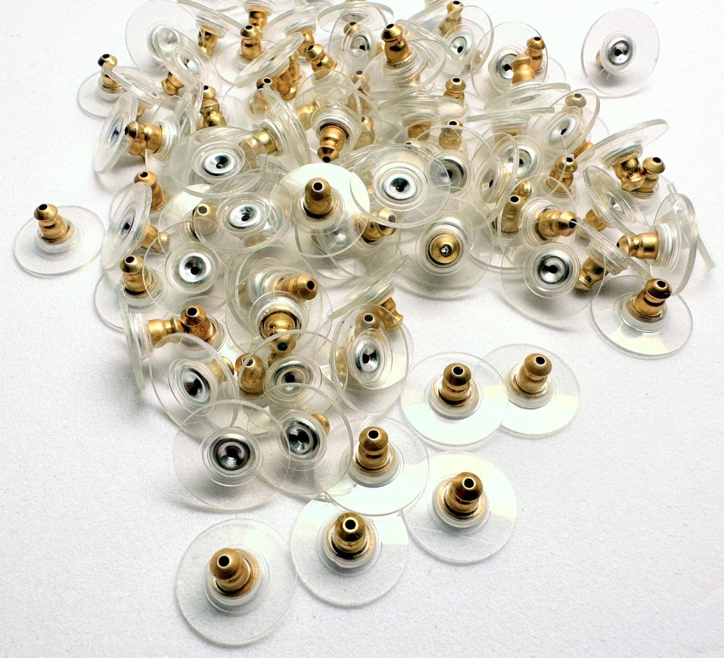 Goldtone Comfort Clutch Earring Backs with Clear 10mm Pad, 100 pcs