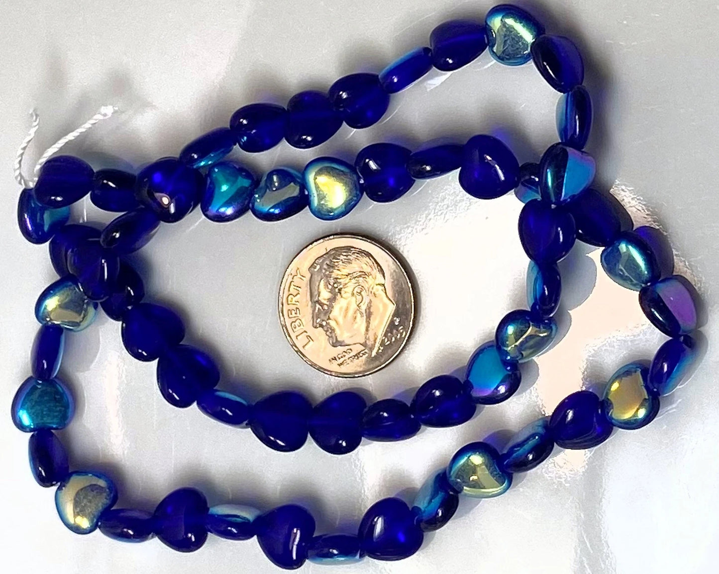 Czech Light Cobalt Blue AB Pressed Glass Heart Beads, 8mm, 1 Strand (approx. 50)