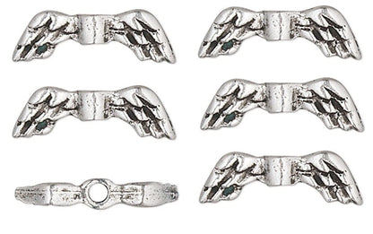 Antiqued Silver Pewter Double-Sided Angel Wing Beads, 13x4.5mm, 6 pcs