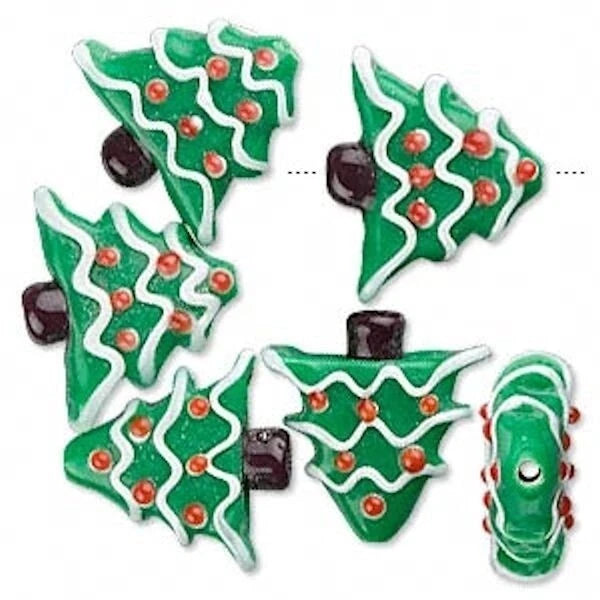 Lampwork Glass Christmas Tree Beads, Green, Double-Sided, 6 pcs
