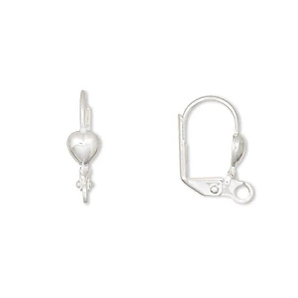 Silver-Plated Brass Heart Leverback Ear Wires with Open Loop, 16mm