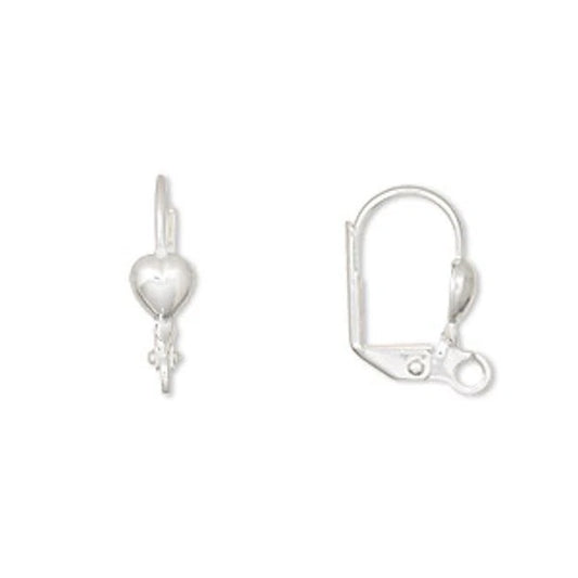 Silver-Plated Brass Heart Leverback Ear Wires with Open Loop, 16mm