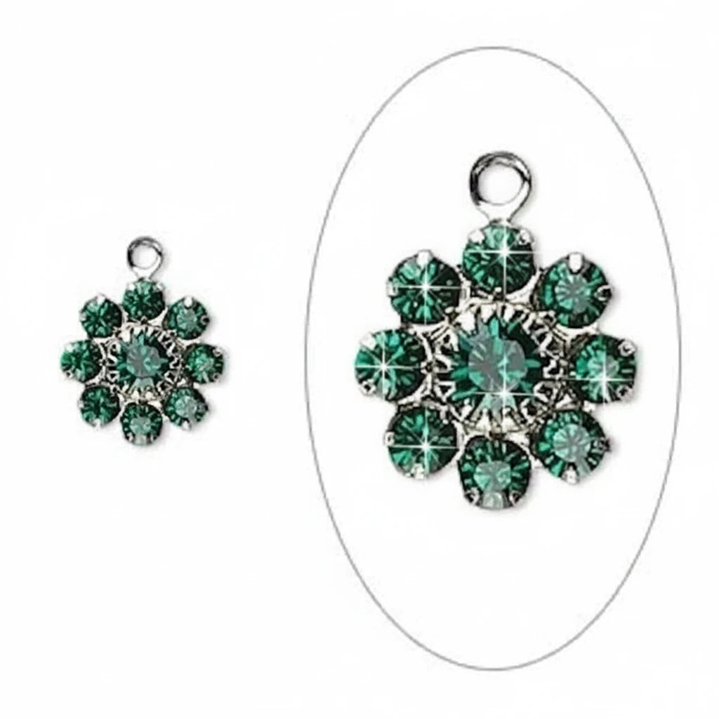 Silver-Plated Brass Flower Drop Charms, Swarovski Emerald, 12x10mm, 2 pcs