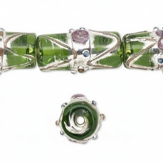 Green glass lampwork beads with silver wire wrapping and small purple and blue accents, shown on a white background with a close-up of one bead.