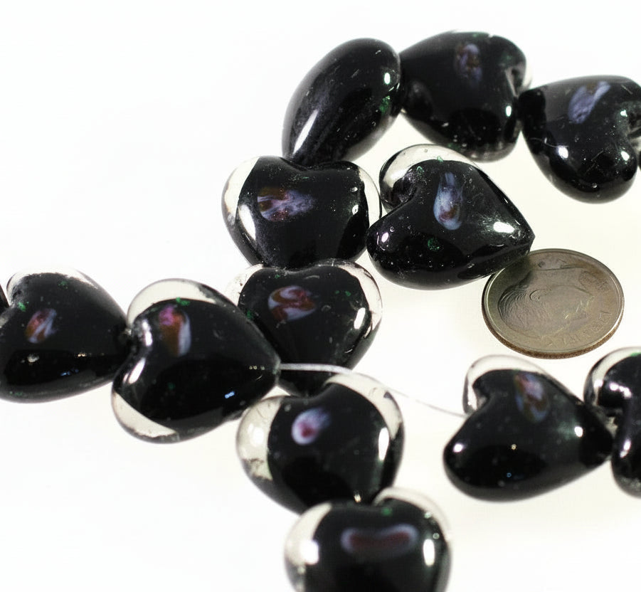 Lampworked Glass Clear Puffed Heart Beads, Black & Pink Rose, 20-22mm, 1 Strand