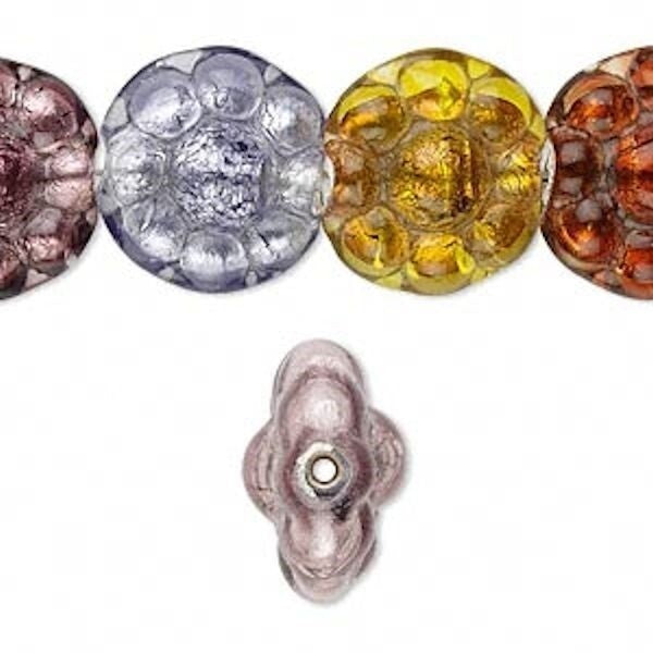 Lampwork Glass 15mm Flat Coin Flower Beads, Multi-Color Iridescent, 11 Beads