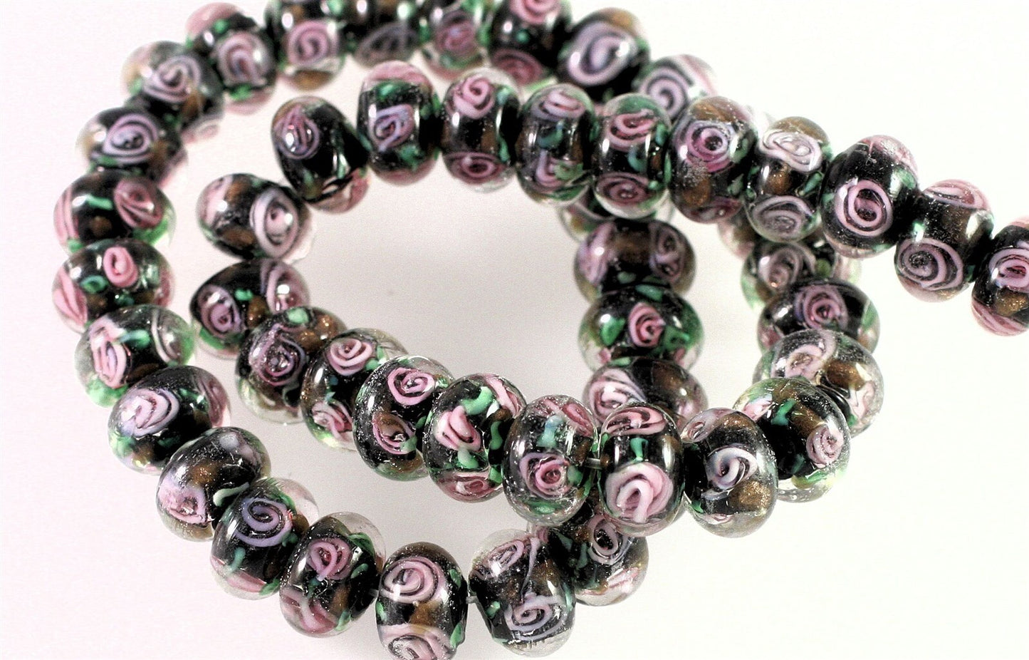Lampwork Glass Multicolor Pink Floral 12x7mm Rondelle Beads, 12 pcs