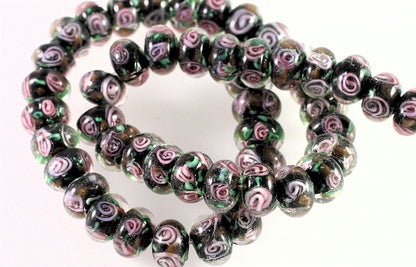 Lampwork Glass Multicolor Pink Floral 12x7mm Rondelle Beads, 12 pcs