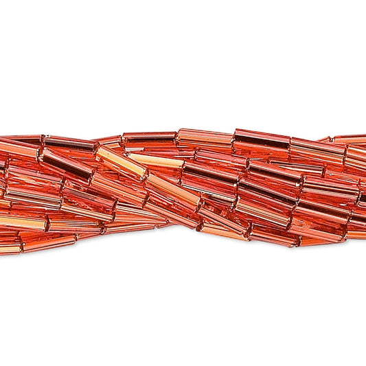 Czech Pressed Glass Silver Lined Dark Orange Bugle Beads, 6mm - 1 Hank