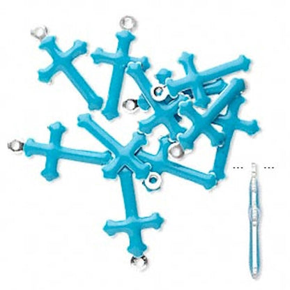 Silver Plated Brass & Turquoise Blue Epoxy Cross Charms 15x9mm – 12 pcs