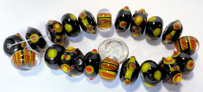 Lampwork Glass 14x10mm Rondelle Beads, Multi-Color (Black, Orange & Yellow), 20 pcs