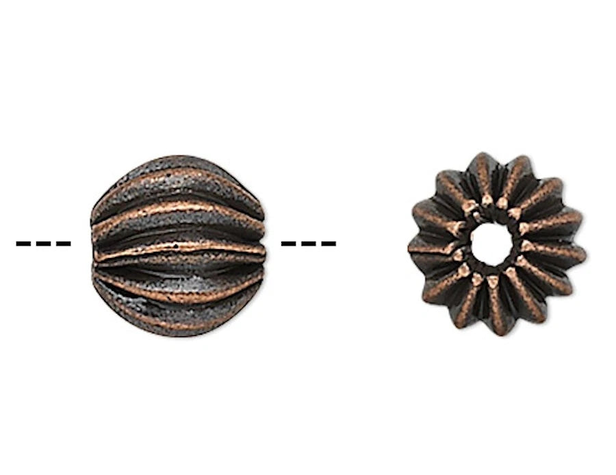 Antique Copper Plated Brass Fluted Round Beads, 5.5x5mm, 72 pcs