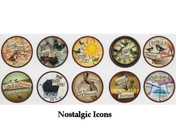 A set of twelve round vintage-style icons or stickers arranged in two rows on a white background, with the text 'Nostalgic Icons' below. Each circle contains a different retro illustration with text such as 'Bond bird,' 'Take flight,' 'Grow Joy,' 'Time flies,' 'Life is a journey,' 'Life is love,' 'pretty as a dream,' 'enjoy the journey,' and 'faith follows thousands.