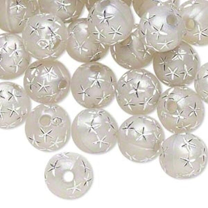 Acrylic Round Beads with Silver Stars, 8mm, 50g (approx. 160–180 pcs)