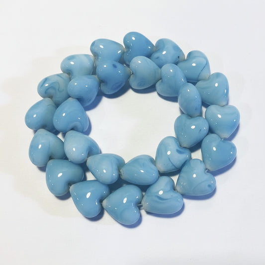Lampworked Glass Sky Blue & White Puffed Heart Beads, 15-16mm, 1 Strand (approx. 28-29)