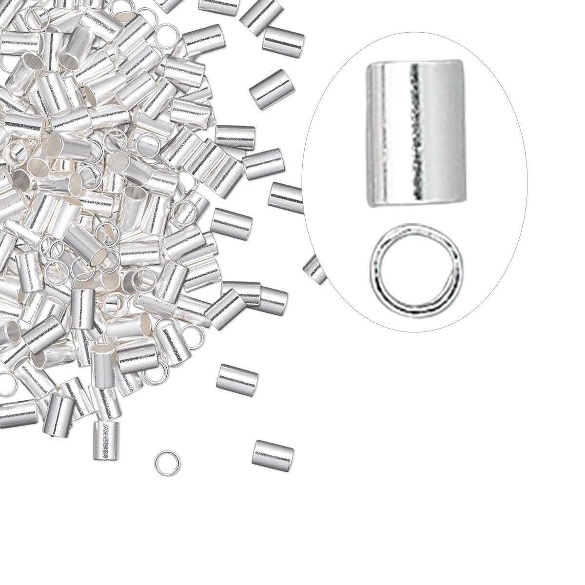 Silver cylindrical bead caps and jump rings shown on a white background, with a pile of the caps on the left and a circular inset on the right showing a close-up of one cap and one ring.