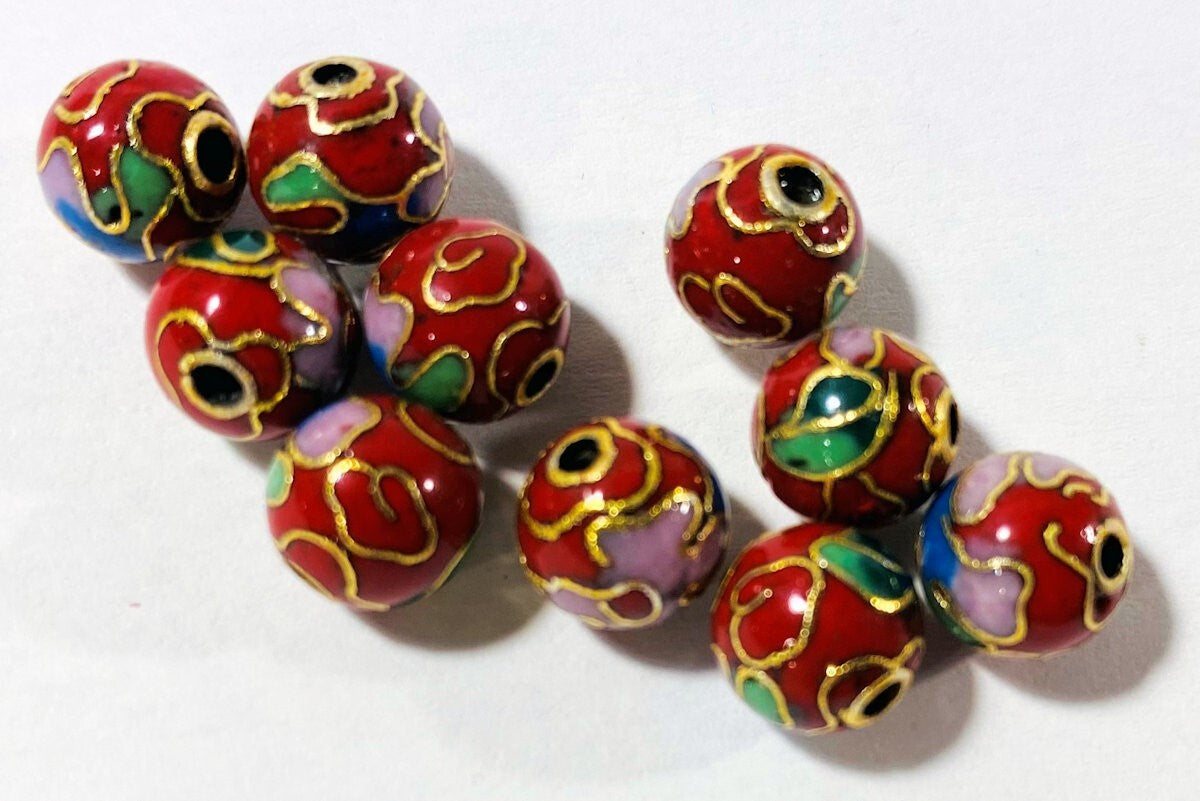 Multicolor Red Cloisonné Round Beads 8mm, 10 pcs