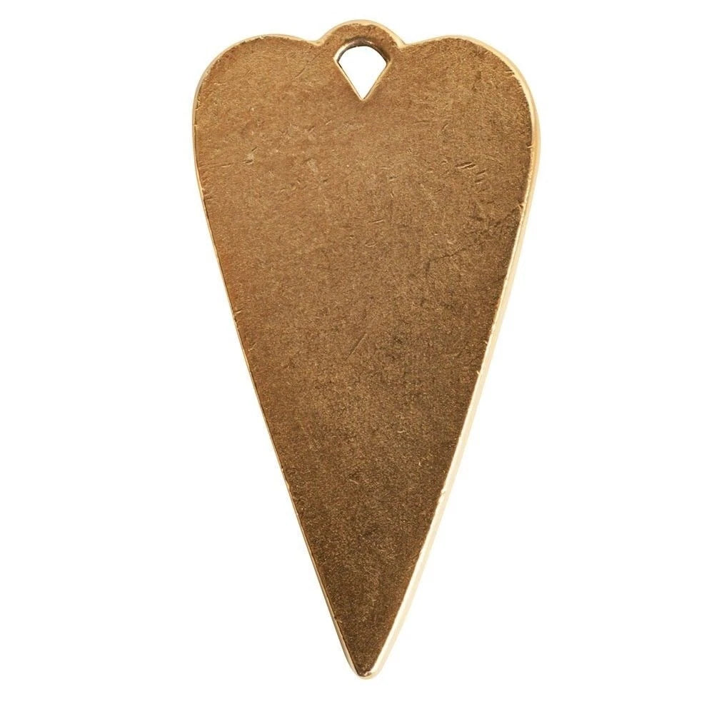 A single blank metal jewelry charm in the shape of a heart with a pointed bottom and a small loop at the top, finished in a warm antique gold or bronze tone, shown on a plain white background.