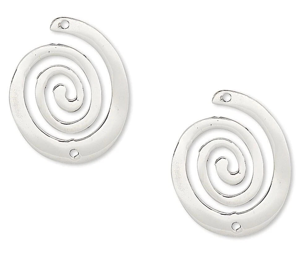 Sterling Silver Flat Round Spiral Link Connectors, 17x14mm, 1+1 Holes, 2 pcs