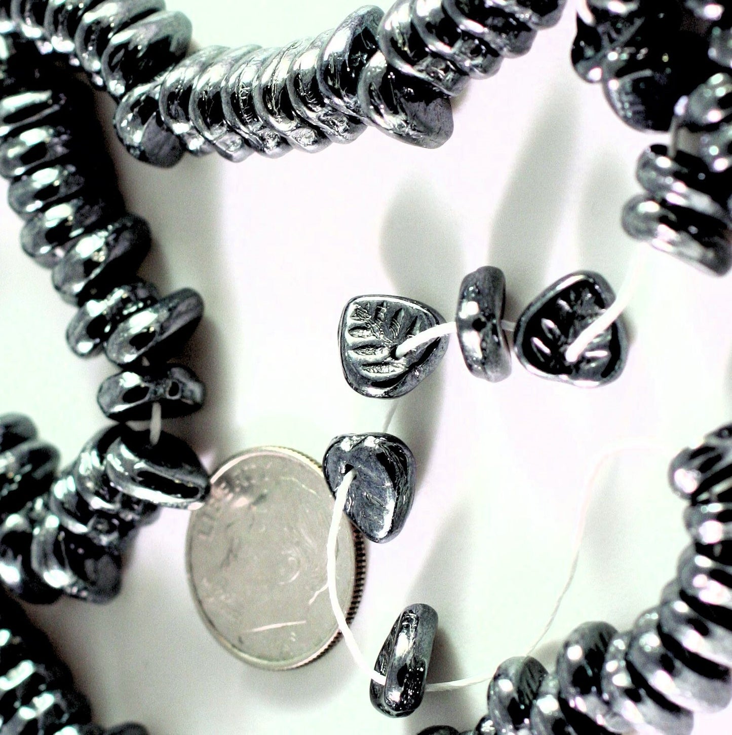 Czech Pressed Glass Hematite Grey Metallic Top-Drilled Leaf Beads 9x8.5mm (50 pc)