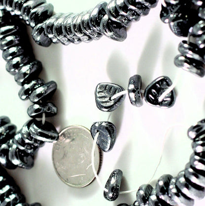 Czech Pressed Glass Hematite Grey Metallic Top-Drilled Leaf Beads 9x8.5mm (50 pc)