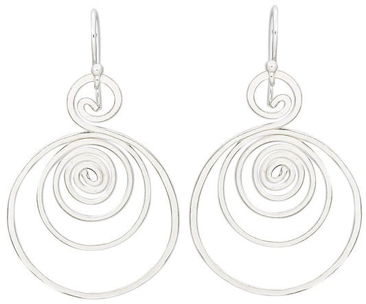 A pair of silver drop earrings with a unique spiral design, featuring concentric open circular spirals hanging from simple silver fishhook wires, shown against a plain white background.