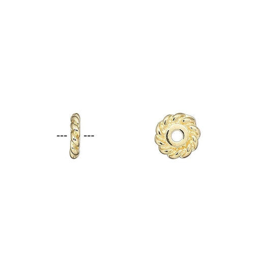 Gold Plated Pewter Twisted Rope Rondelle Beads, 7x2mm, 24 pcs