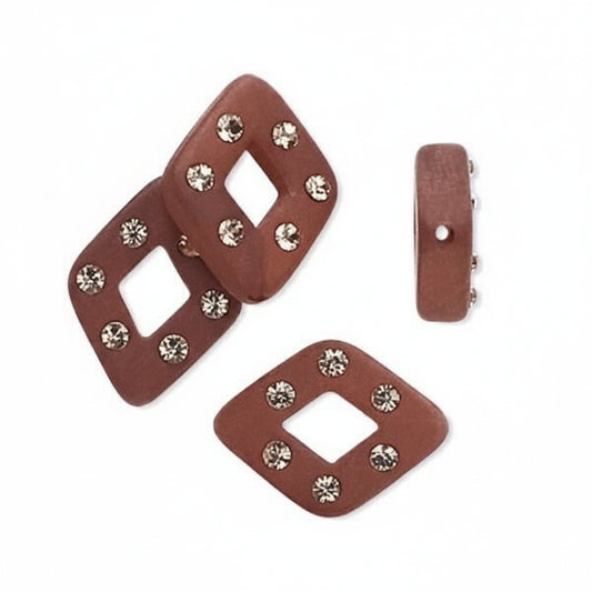 Frosted Brown Resin Diamond Beads with Swarovski Crystals, 17x13mm, 4 pcs