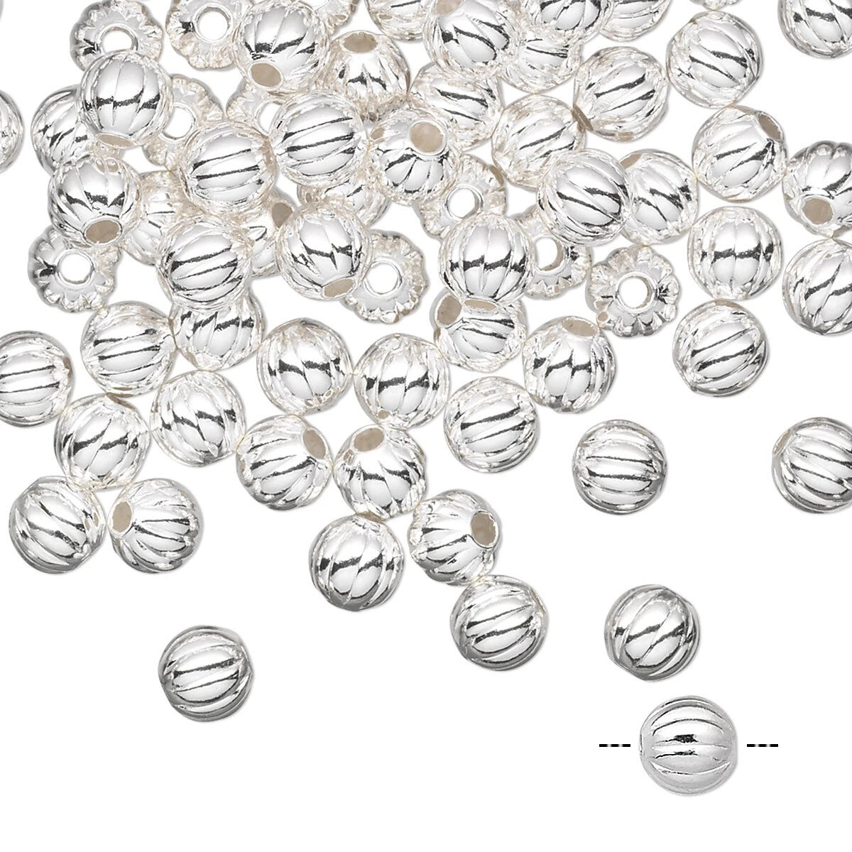 Silver beads with striped pattern on a white background