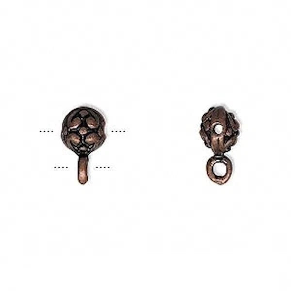 Two small antique bronze jewelry findings, one showing the top view of a decorative bead or charm with a stem and dotted measurement guides, and the other showing the side view with a loop, on a plain white background.
