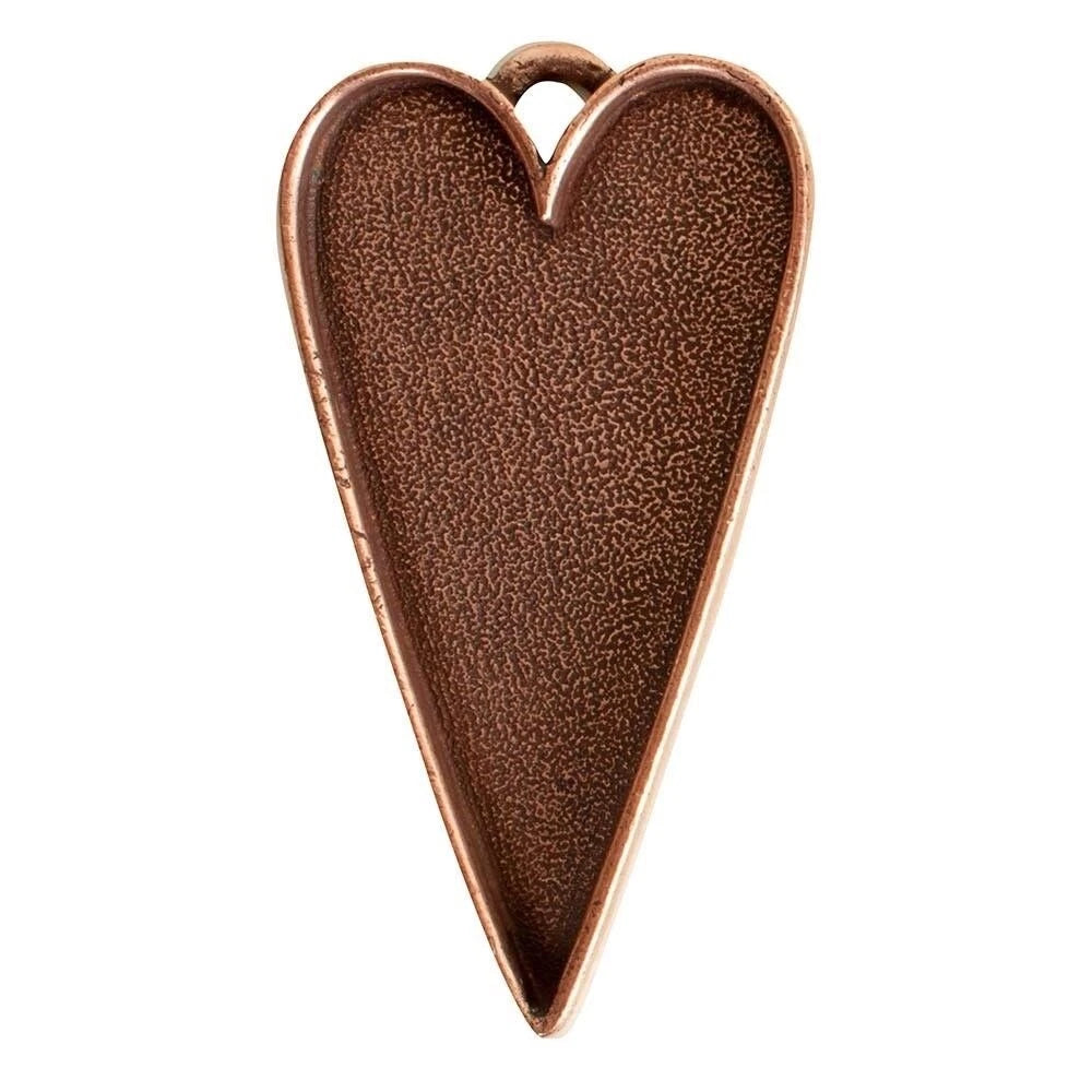 A heart-shaped metal pendant blank with a textured bronze finish and a small loop at the top, shown on a plain white background.
