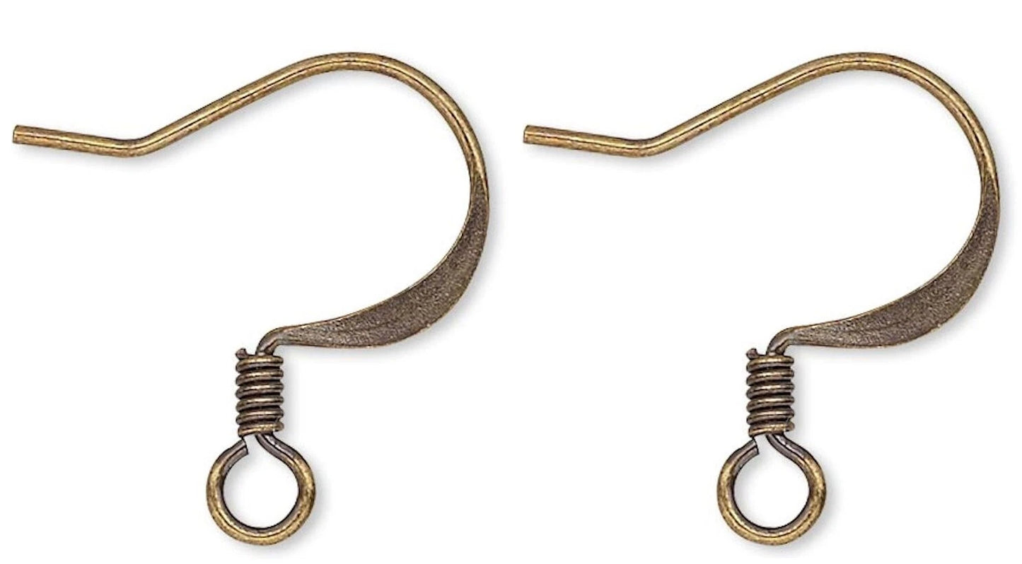 Antiqued Gold Plated Brass Flat Fishhook Ear Wires with Coil & Open Loop, 17mm, 50 Pairs