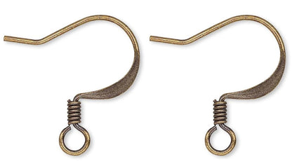 Antiqued Gold Plated Brass Flat Fishhook Ear Wires with Coil & Open Loop, 17mm, 50 Pairs