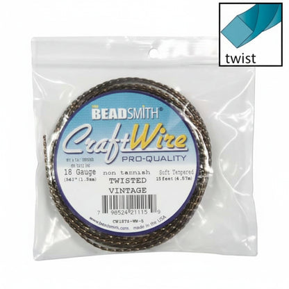 Beadsmith Non-Tarnish Vintage Bronze Twisted Square Wire, 18 Gauge (1.02mm), 8 Feet