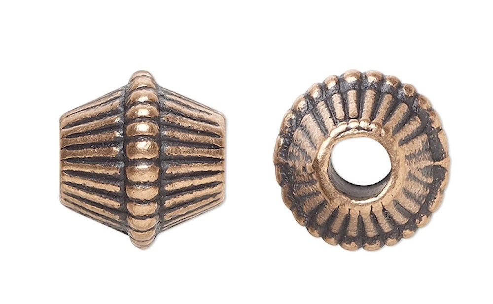 Antiqued Copper Plated Pewter Corrugated Bicone Beads, 9x9mm, 20 pcs