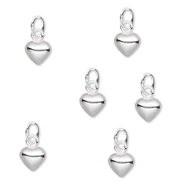 Puffy Heart Drop Charm, Sterling Silver 3D 6x6mm with Jump Ring, 6 pcs