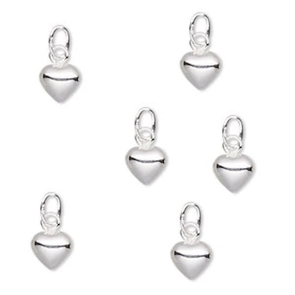 Puffy Heart Drop Charm, Sterling Silver 3D 6x6mm with Jump Ring, 6 pcs