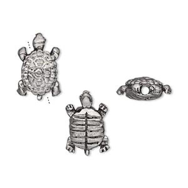 Antiqued Silver Plated Pewter Double-Sided Turtle Beads 10x15mm (2 pc)