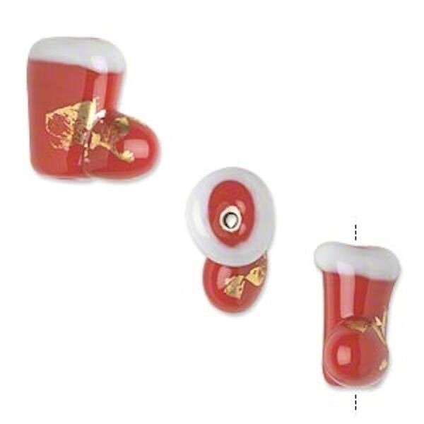 Red Lampwork Glass Christmas Stocking Beads, 18x16mm, 4 pcs