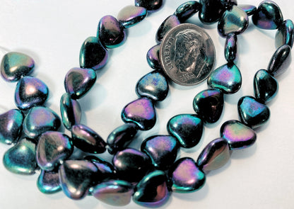 Czech Pressed Glass Iris Purple AB Heart Beads, 10mm, 1 Strand (approx. 45)
