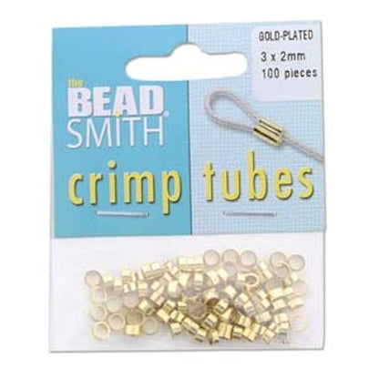 Beadsmith Gold Plated Crimp Tubes, 3x2mm, 100 pcs