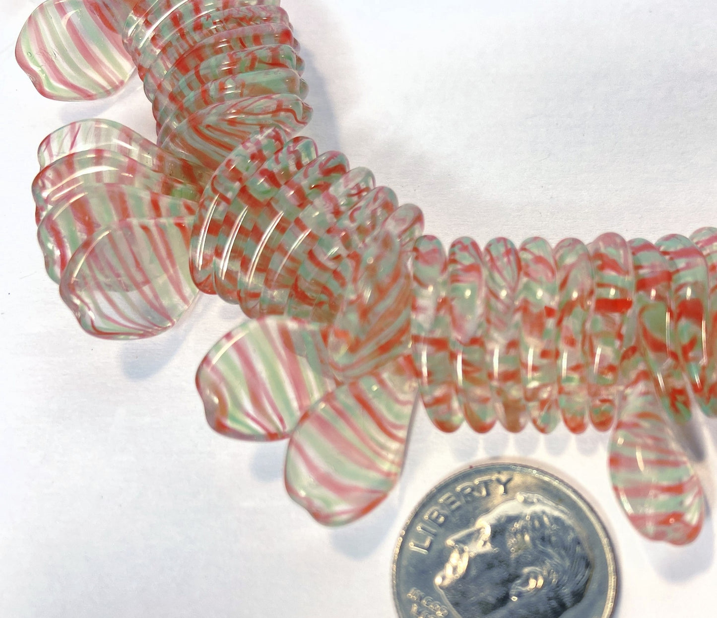 Czech Pressed Glass Flat Twist Beads 17x11mm Clear Red Green Pin Stripe – 50 pcs