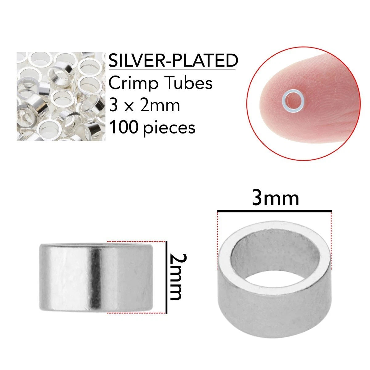 Beadsmith Silver Plated Crimp Tubes, 3x2mm, 100 pcs