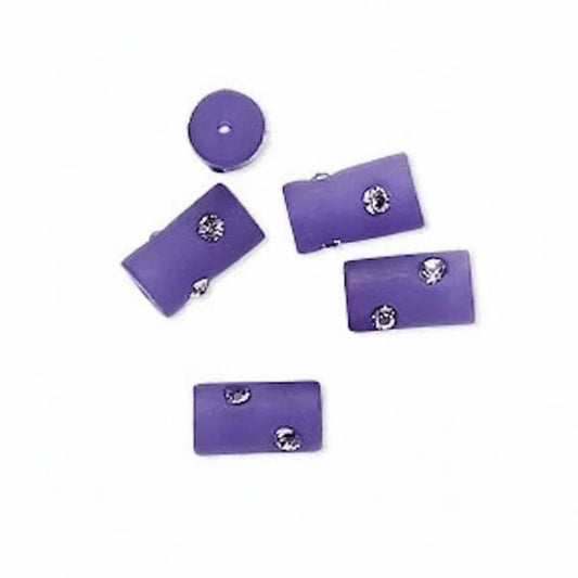 Frosted Purple Resin Round Tube Beads with Tanzanite Swarovski Crystals, 10x6mm, 5 pcs